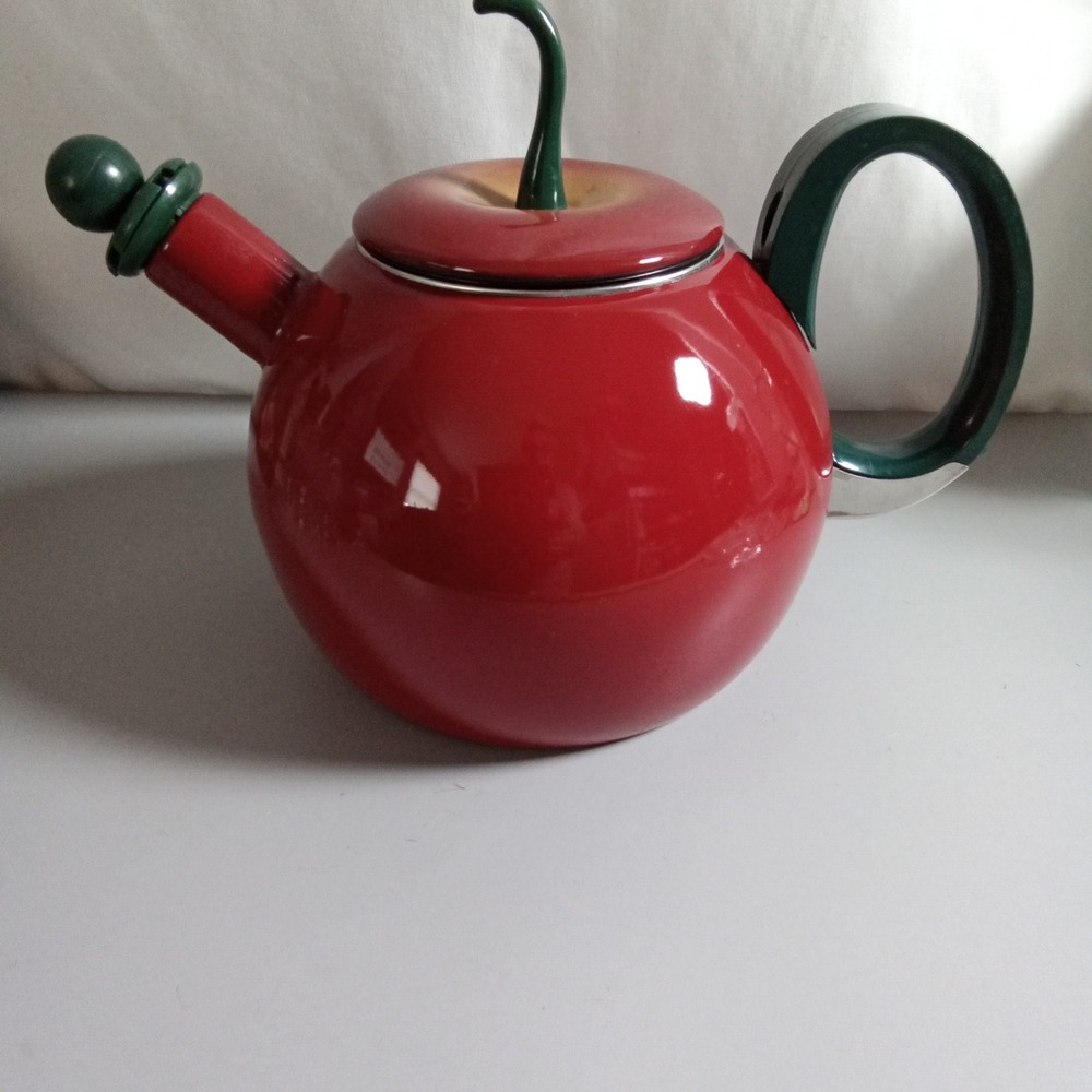 Kamenstein Red Apple Enamel Whistling Tea Kettle Vintage Fruit Stovetop Pot